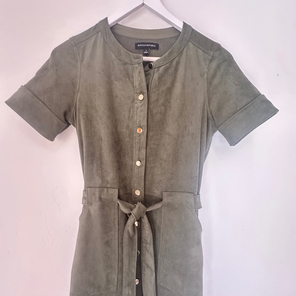 Banana Republic Faux Suede Gold Button Tie Dress Moss (2)